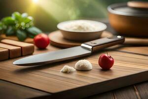 un cuchillo y algunos comida en un corte tablero. generado por ai foto