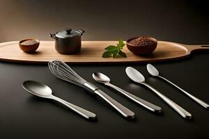 a set of silverware on a wooden tray. AI-Generated photo