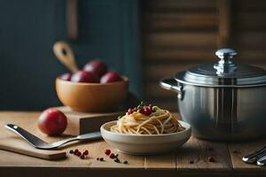 spaghetti and sauce in a bowl on a wooden table. AI-Generated photo