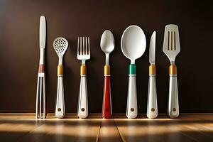 a group of utensils are lined up on a table. AI-Generated photo