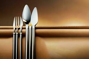 four silver spoons and forks sit on a table. AI-Generated photo