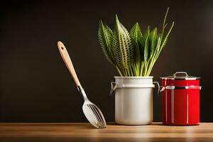 two red and white containers with plants and utensils. AI-Generated photo