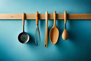 a wooden rack with four wooden utensils hanging on it. AI-Generated photo