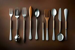 a collection of silverware on a brown background. AI-Generated photo