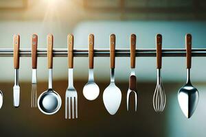 a group of utensils hanging on a metal rack. AI-Generated photo