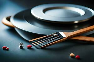 a fork and a plate with red and black balls. AI-Generated photo
