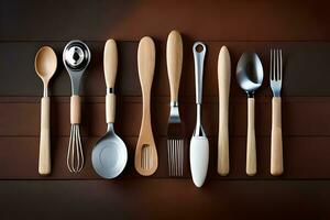 a collection of wooden utensils on a wooden table. AI-Generated photo