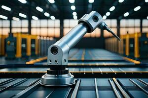 a robotic arm is sitting on a table in a factory. AI-Generated photo