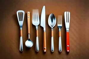 a set of silverware on a brown surface. AI-Generated photo