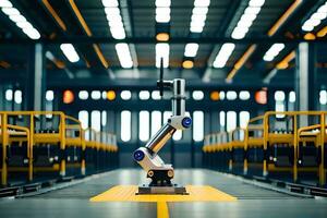 a robot standing in a factory with a large conveyor belt. AI-Generated photo