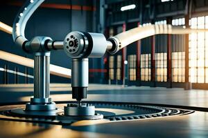 industrial robots en un fábrica ajuste. generado por ai foto