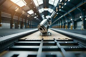 a robot is sitting on a conveyor belt in a factory. AI-Generated photo