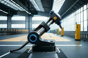 a robotic arm is sitting on a table in a warehouse. AI-Generated photo