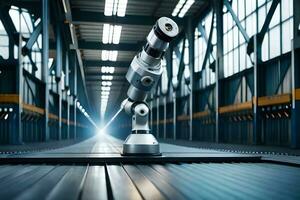 a robot is standing in front of a large warehouse. AI-Generated photo