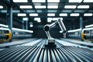 a robot is standing on a conveyor belt in a factory. AI-Generated. AI-Generated photo