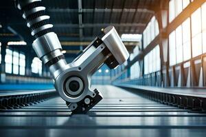 a robot is standing on a metal track in a factory. AI-Generated. AI-Generated. AI-Generated photo