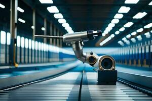 a robot is sitting on a conveyor belt in a factory. AI-Generated. AI-Generated photo