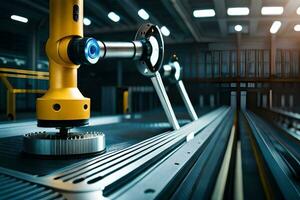 a robotic arm is in the middle of a factory. AI-Generated photo