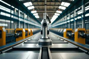 a robot is standing on a conveyor belt in a factory. AI-Generated photo