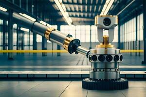 a robotic arm is sitting on a floor in a factory. AI-Generated photo