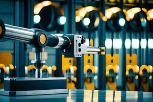 a robotic arm is sitting on a table in a factory. AI-Generated photo