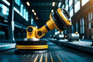 a yellow robot is sitting on a conveyor belt. AI-Generated photo