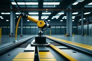 a robotic arm on a conveyor belt in a warehouse. AI-Generated photo