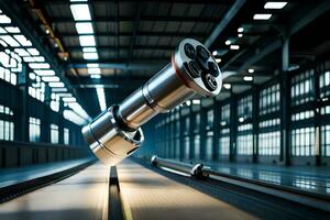 a metal pipe sitting on a track in a factory. AI-Generated photo