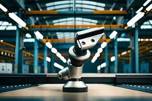 a robot is sitting on a table in a factory. AI-Generated photo