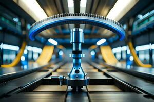 a close up of a metal object on a conveyor belt. AI-Generated photo