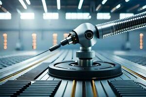 a robotic arm is sitting on a table in a factory. AI-Generated photo