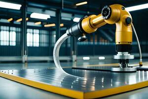 a robotic arm is on a table in a factory. AI-Generated photo