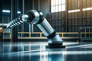 a robotic arm is sitting on a floor in a factory. AI-Generated photo