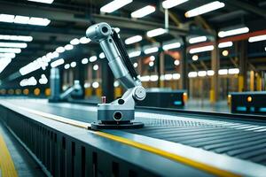a robotic arm is on a conveyor belt in a factory. AI-Generated photo