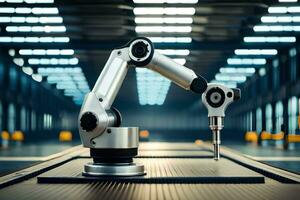 a robotic arm is sitting on a table in a factory. AI-Generated photo