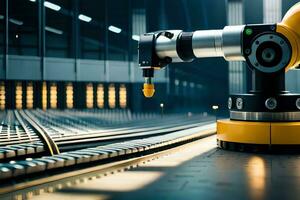 a robotic arm is sitting on a track in front of a factory. AI-Generated photo