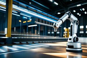 a robotic arm is standing in front of a factory. AI-Generated photo