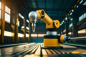 a robotic arm is sitting on a table in a factory. AI-Generated photo