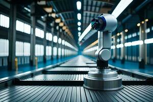 a robot is standing on a conveyor belt in a factory. AI-Generated photo