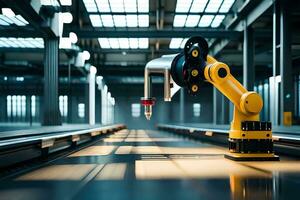 a robotic arm is standing in a factory. AI-Generated photo