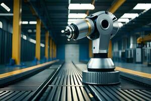 a robotic arm on a conveyor belt in an industrial area. AI-Generated photo