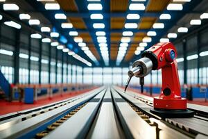 a robotic arm is on a conveyor belt in a factory. AI-Generated photo