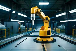 a robotic arm is sitting on a conveyor belt. AI-Generated photo