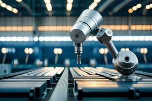 a robotic arm is sitting on a table in a factory. AI-Generated photo