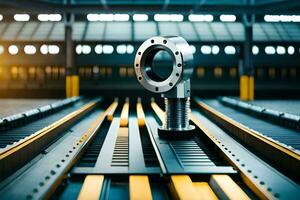 a metal pipe on a conveyor belt in a factory. AI-Generated photo