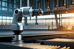 a robotic arm is sitting on a table in front of a factory. AI-Generated photo