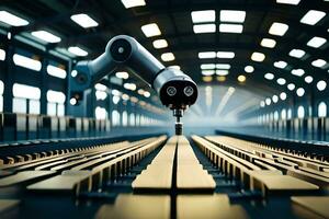 a robotic arm is standing in front of a factory. AI-Generated photo