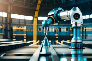 a robotic arm is on a conveyor belt in a factory. AI-Generated photo