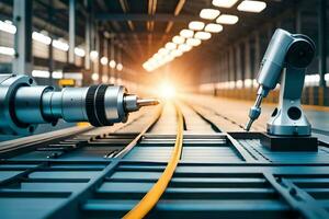 robots working on a factory floor with the sun shining. AI-Generated photo