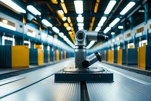 a robotic arm is sitting on a conveyor belt. AI-Generated photo